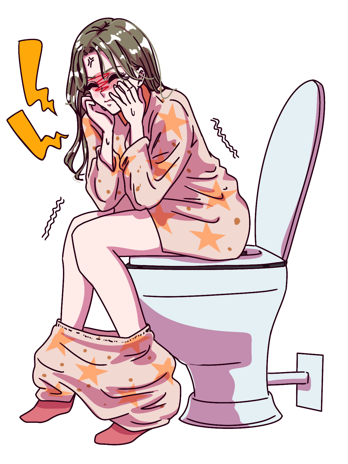 トイレで便秘に悩む女性のイラスト