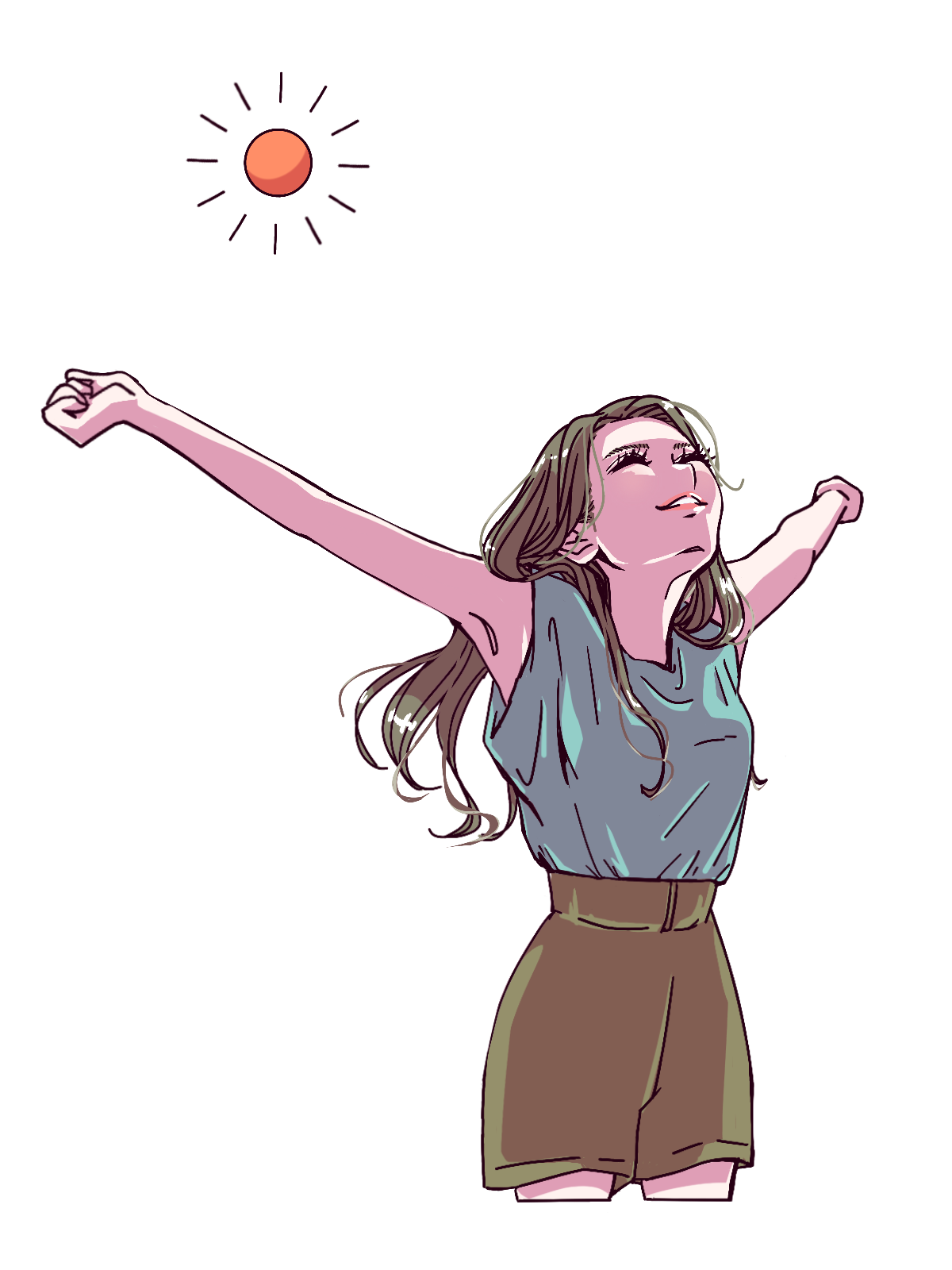 太陽と背伸びをする女性のイラスト